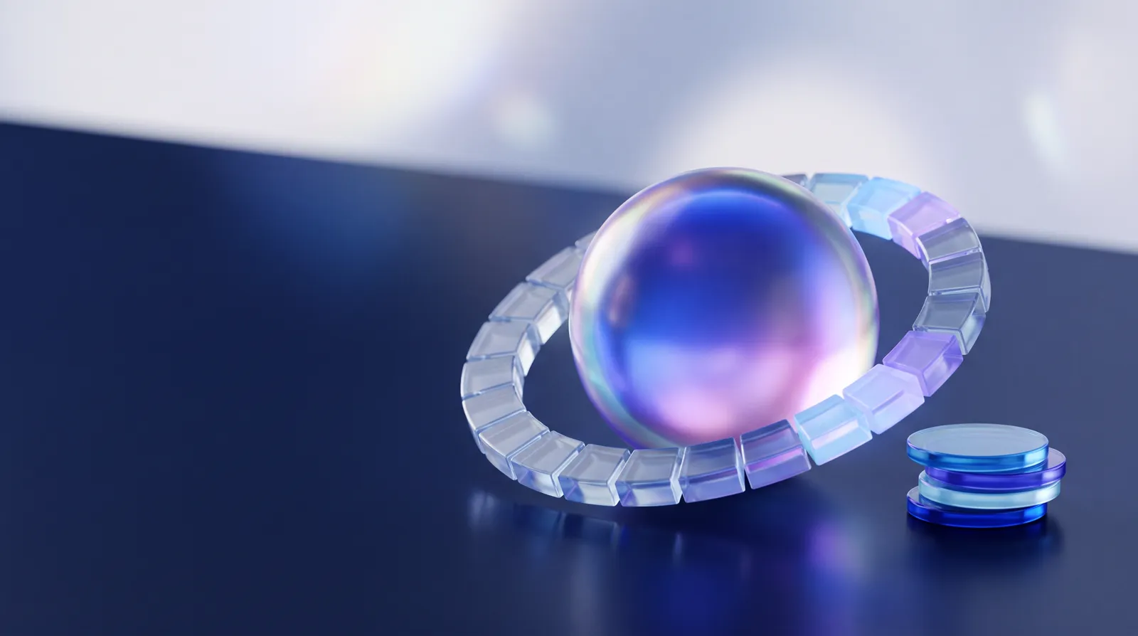 A glass ring lit up like slices of minutes around a glowing orb, with glass discs beside it